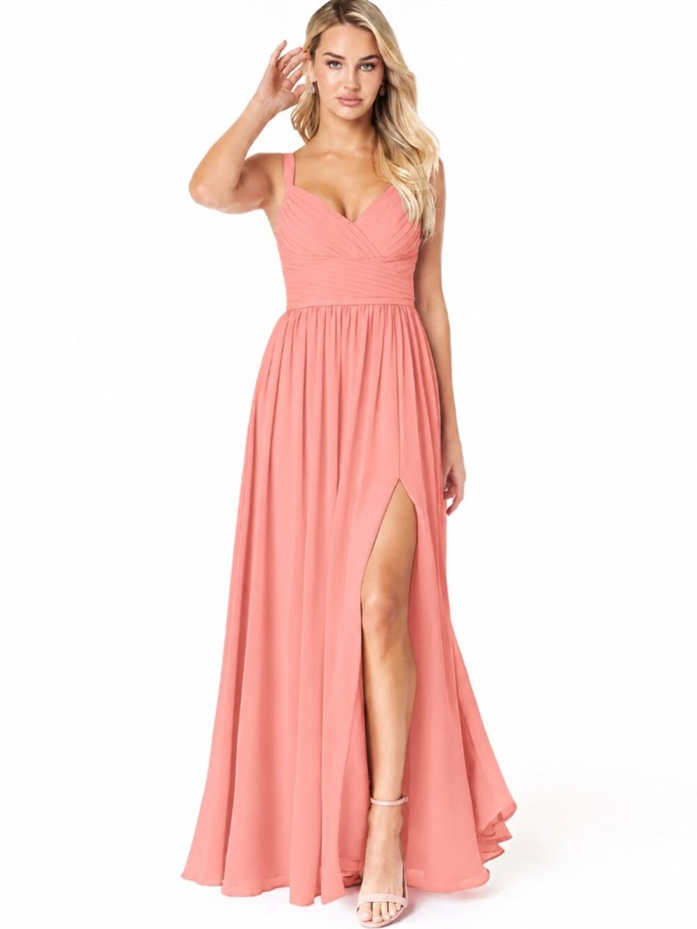 Azazie Chanel Coral A-Line Pleated Chiffon Bridesmaid Formal Dress A6 NEW